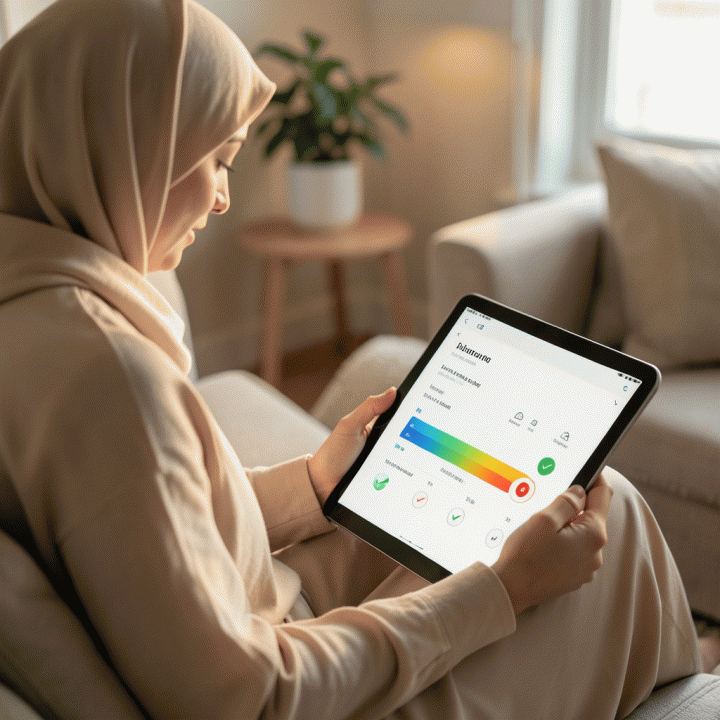 Seorang wanita Muslim menggunakan habit tracker digital pada tablet di ruang tamu yang tenang, menunjukkan visualisasi kemajuan ibadah harian.