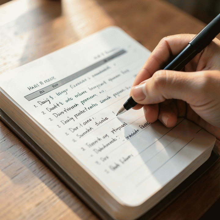 Tangan seorang wanita Muslim mencatat ibadah harian dalam jurnal habit tracker fisik.