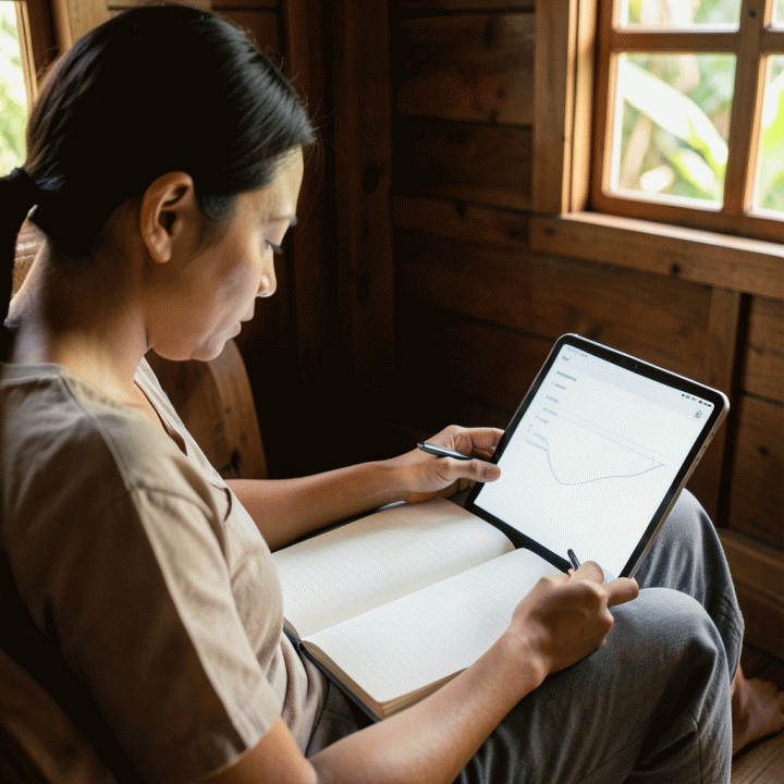 Seseorang sedang menulis jurnal di sudut ruangan yang nyaman, dengan tablet modern di sampingnya yang menunjukkan antarmuka penulisan yang tenang, melambangkan proses refleksi diri yang mudah.