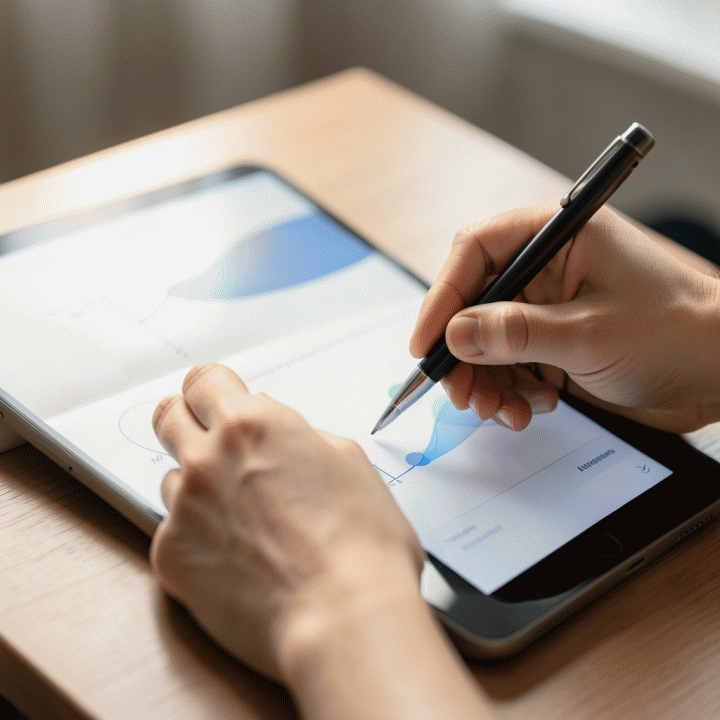 Tangan yang sedang menulis atau berinteraksi dengan jurnal dan tablet, menggambarkan proses penangkapan ide yang terstruktur dan mudah.