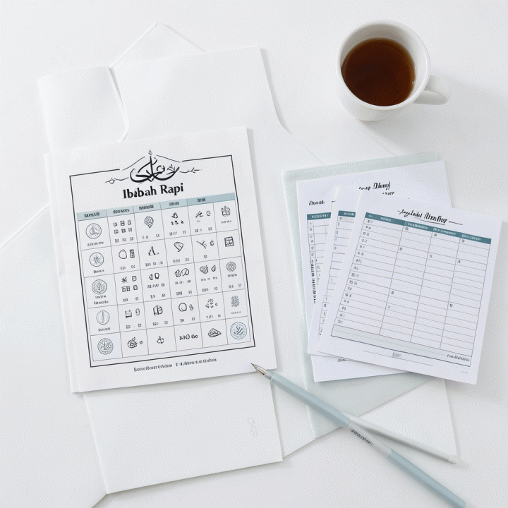 Foto flat lay alat pelacak kebiasaan spiritual (habit tracker) yang rapi dan alat bantu perencanaan harian, menunjukkan sistem manajemen ibadah yang terstruktur.