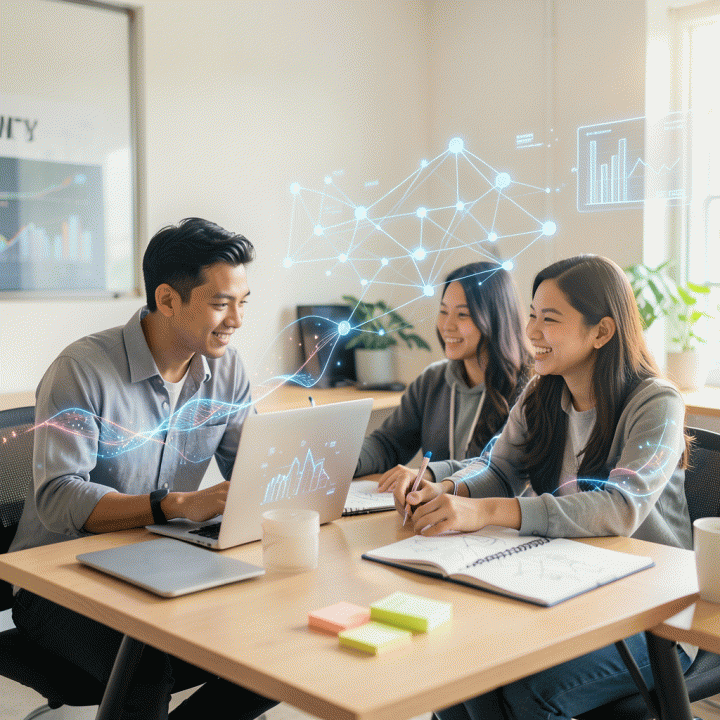 Kreator konten profesional Indonesia bekerja di co-working space modern, berkolaborasi dalam merancang model bisnis digital dan strategi monetisasi menggunakan visualisasi data dan teknologi AI.