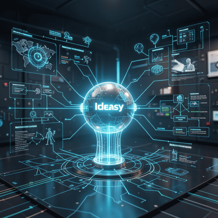 Visualisasi proses AI yang mengubah ide mentah menjadi model bisnis digital yang terstruktur dan siap diimplementasikan.