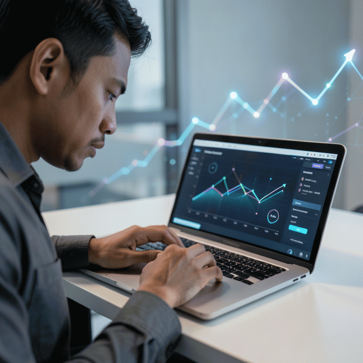 Founder atau marketer sedang menganalisis data pasar dan potensi monetisasi di laptop, menunjukkan fokus pada strategi bisnis.