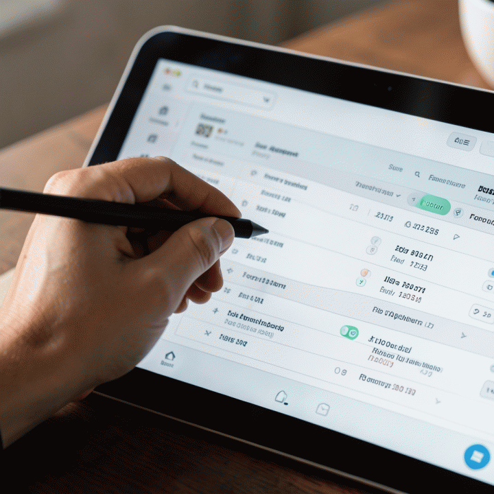 Tangan menggunakan stylus pada tablet untuk berinteraksi dengan antarmuka Notion, menampilkan database lamaran kerja yang terstruktur.