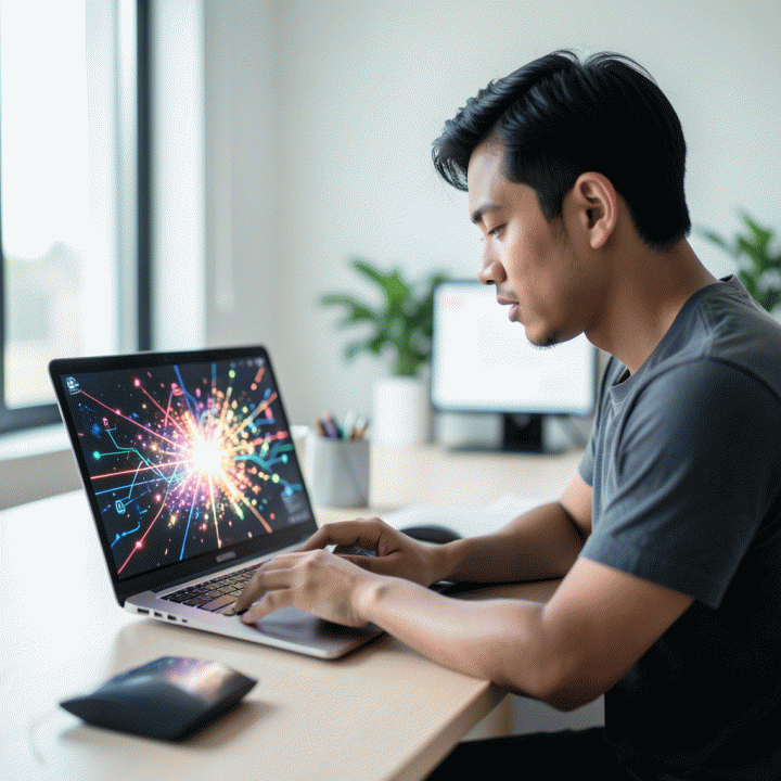 Seorang content creator muda Indonesia yang bersemangat bekerja di depan laptop, diselimuti visualisasi ide-ide kreatif yang menarik perhatian, menunjukkan momen pencerahan dalam membuat konten.