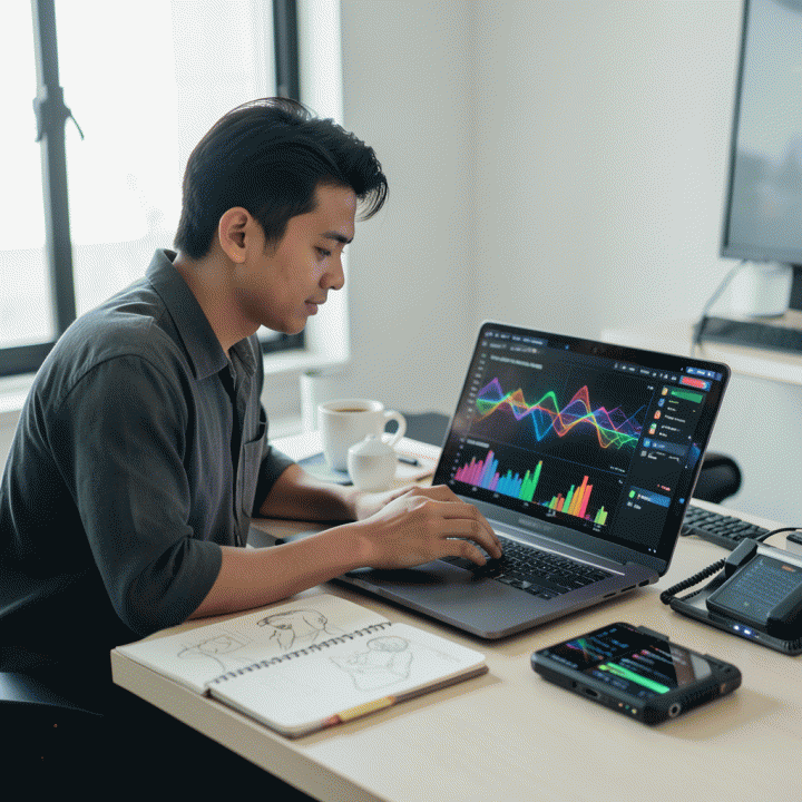 Content creator Indonesia yang fokus di depan laptop modern, dikelilingi elemen strategi digital dan data, melambangkan optimasi konten YouTube Shorts.
