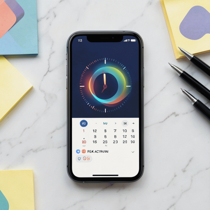 Foto flat lay profesional yang menunjukkan konsep waktu posting optimal pada smartphone, menekankan perencanaan strategis.