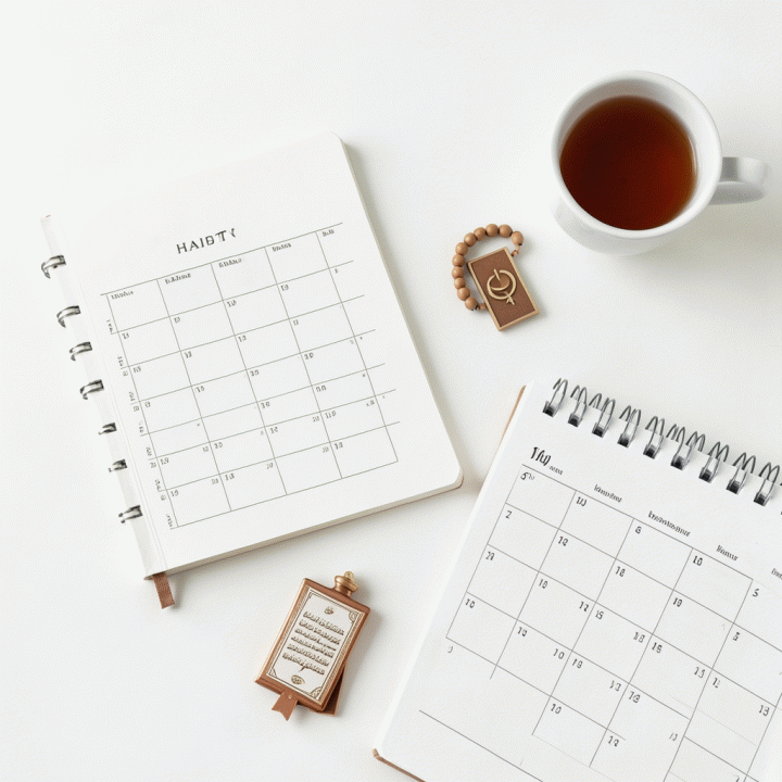 Komposisi flat lay estetis yang menampilkan alat pelacak kebiasaan dan simbol-simbol ibadah sunnah, melambangkan manajemen waktu spiritual.