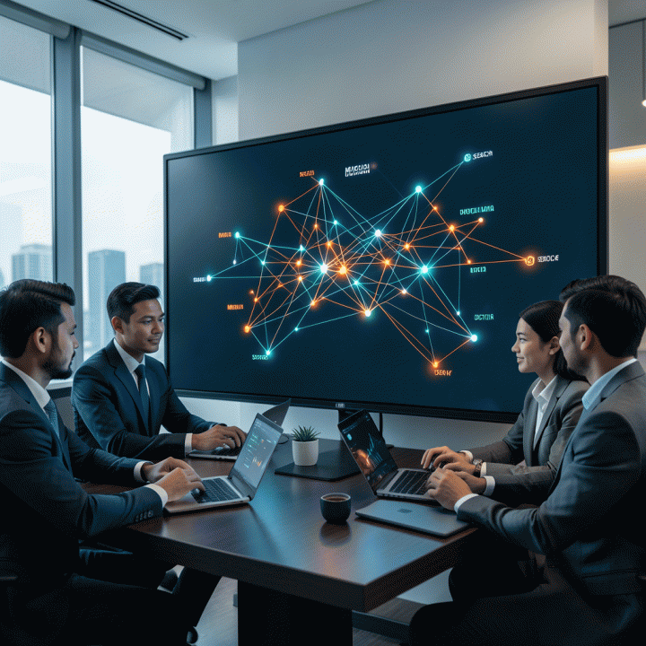 Tim profesional digital marketing sedang berdiskusi di depan layar besar yang menampilkan visualisasi data media mix yang kompleks dan teroptimasi, menunjukkan perencanaan anggaran iklan yang strategis.