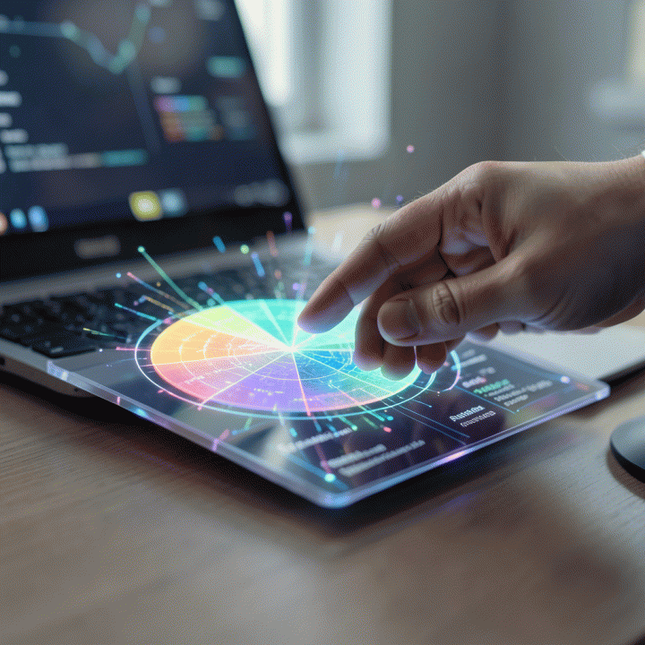 Tangan seorang manajer pemasaran berinteraksi dengan antarmuka holografik yang menampilkan visualisasi alokasi anggaran iklan yang optimal.