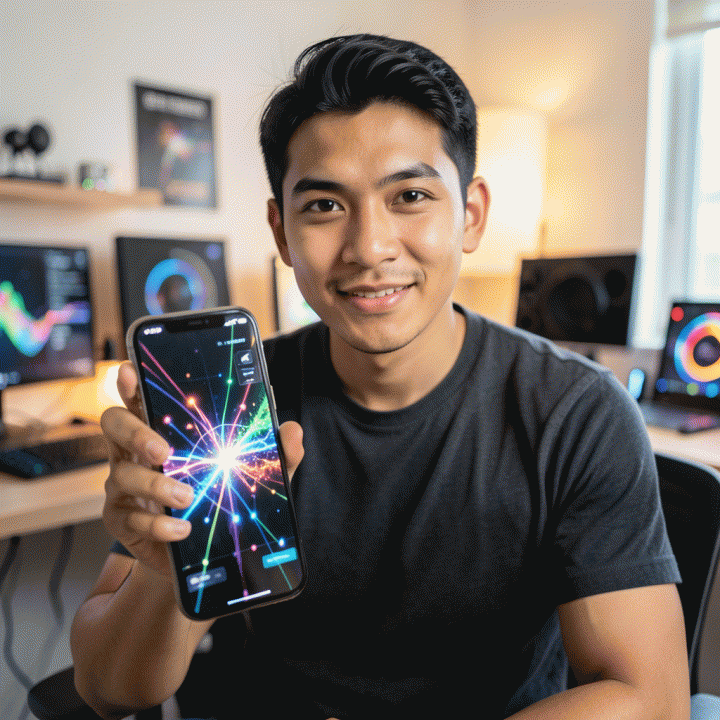 Seorang kreator konten muda Indonesia yang energik di studio modern, memegang smartphone yang menampilkan visual abstrak data dan koneksi, melambangkan strategi viral YouTube Shorts.