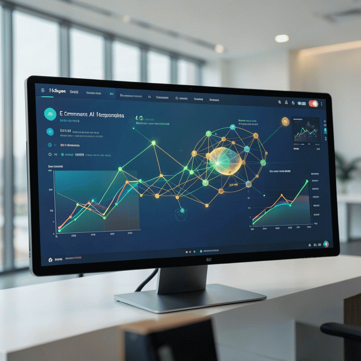 Dashboard analitik bisnis e-commerce modern yang menampilkan data kompleks dan rekomendasi AI untuk optimasi bisnis Shopee.