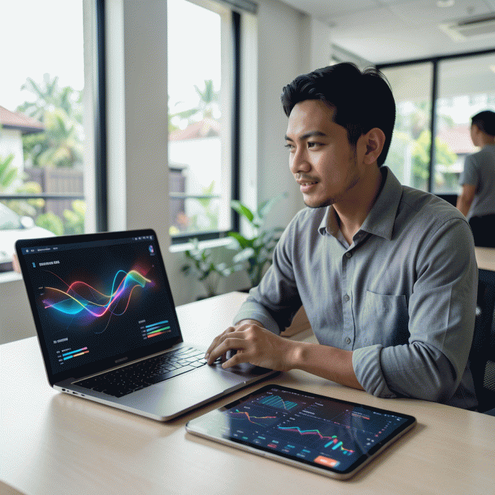 Seorang pengusaha profesional Indonesia bekerja di meja modern, menganalisis data bisnis e-commerce yang kompleks menggunakan laptop dan tablet, menunjukkan perencanaan strategis jangka panjang.