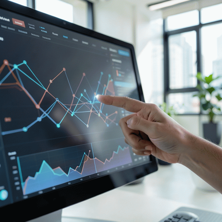 Tangan menunjuk ke wawasan kunci pada dashboard analitik data yang kompleks, menunjukkan analisis mendalam.