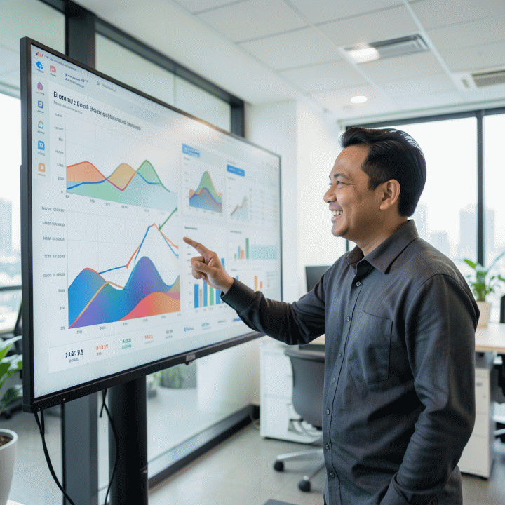 Seorang pemilik UMKM Indonesia yang profesional sedang menganalisis data penjualan e-commerce yang kompleks dan strategis pada layar monitor besar di kantor modern.