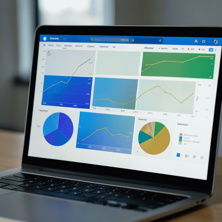 Tampilan dashboard analitik e-commerce di laptop yang menunjukkan grafik dan tren data penjualan secara abstrak dan profesional.