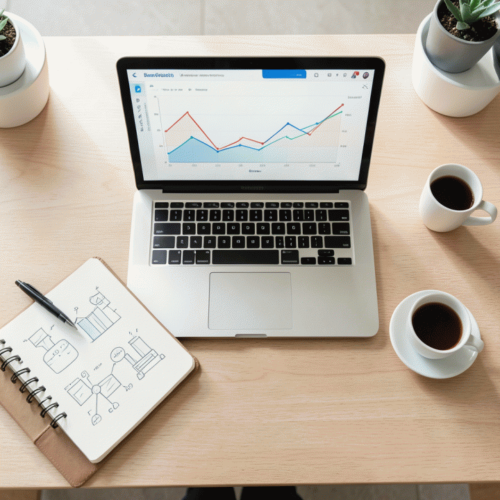 Tampilan atas meja kerja yang berisi laptop dengan data analitik dan alat tulis, melambangkan perencanaan strategi bisnis.