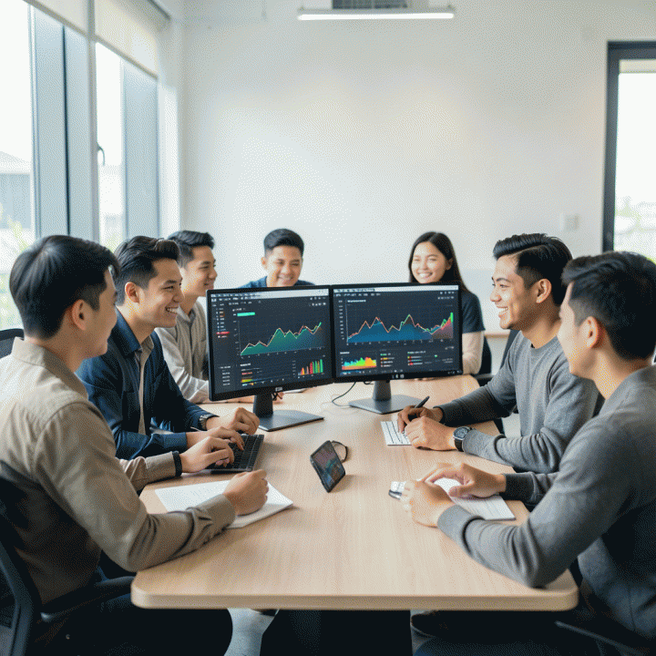 Sekelompok pengusaha muda Indonesia yang bersemangat menganalisis data tren pasar e-commerce yang kompleks di ruang kerja modern, menunjukkan perencanaan strategi bisnis jangka panjang.