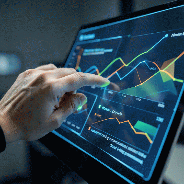 Tangan menganalisis dashboard data analitik komprehensif yang menampilkan tren penjualan e-commerce, menunjukkan strategi optimasi bisnis.