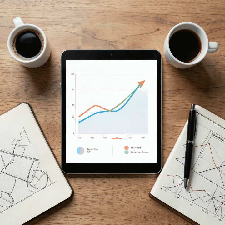 Komposisi flat-lay modern yang menunjukkan tablet data analitik, buku catatan, dan kopi, melambangkan perencanaan strategi bisnis e-commerce.