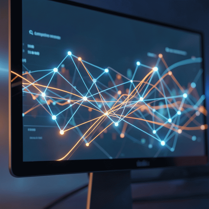 Abstract data visualization of AI analyzing market competition for e-commerce pricing strategy.