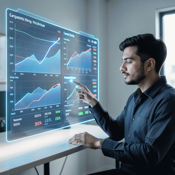 E-commerce seller analyzing competitor pricing data on a holographic screen for optimal Shopee product pricing strategy.