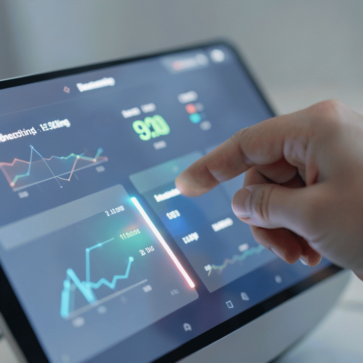 Hand interacting with a digital dashboard showing dynamic pricing recommendations for an online seller.