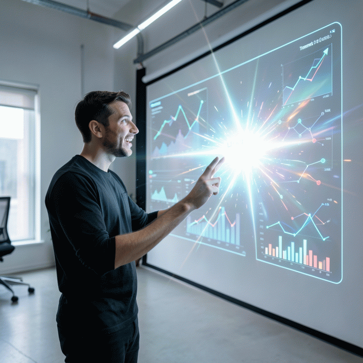 Seorang content creator di studio modern berinteraksi dengan layar holografik yang menampilkan visualisasi data dan strategi pertumbuhan konten digital, melambangkan penguasaan optimasi TikTok dan SEO.