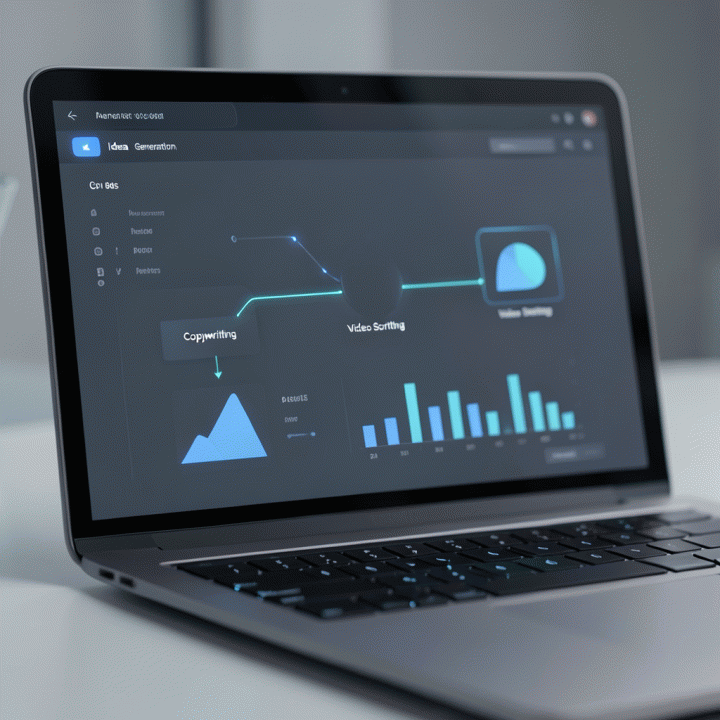 Tampilan layar laptop yang menampilkan dashboard AI abstrak dan intuitif, menunjukkan proses otomatisasi pembuatan konten marketing.