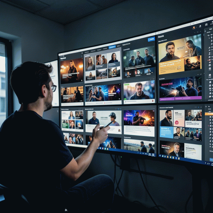 Seorang pemasar digital meninjau berbagai aset konten iklan (video, copy, gambar) di layar multi-monitor, menunjukkan efisiensi produksi massal berkat otomatisasi AI.