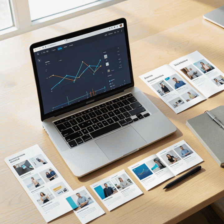 Komposisi flat lay yang menunjukkan laptop dengan dashboard abstrak, serta beberapa mockup thumbnail yang menunjukkan konsistensi merek dan profesionalisme dalam produksi konten.