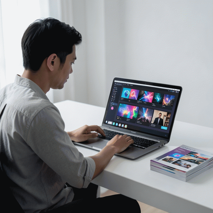 Seorang content creator profesional di meja kerja modern, menggunakan laptop yang menampilkan antarmuka AI yang secara otomatis menghasilkan banyak thumbnail konten yang konsisten dan berkualitas tinggi, melambangkan efisiensi dan otomatisasi desain.