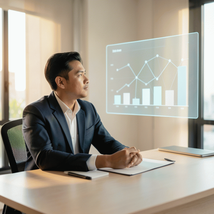 Seorang profesional Indonesia yang fokus melihat dashboard keuangan digital yang menunjukkan progres pengurangan utang, melambangkan perencanaan keuangan yang terstruktur dan bebas cicilan.