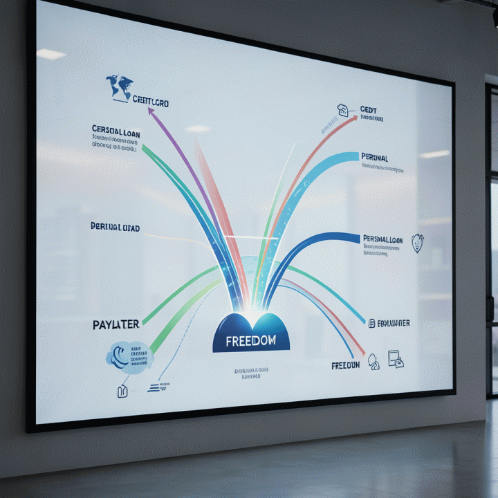 Visualisasi dashboard terpusat yang mengelola berbagai jenis utang (CC, Pinjaman, Paylater) menjadi satu pandangan yang terstruktur.