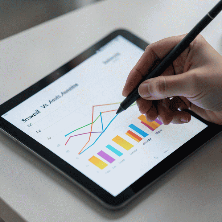 Tangan yang sedang membandingkan dua strategi pelunasan utang (Snowball vs. Avalanche) pada layar tablet digital.