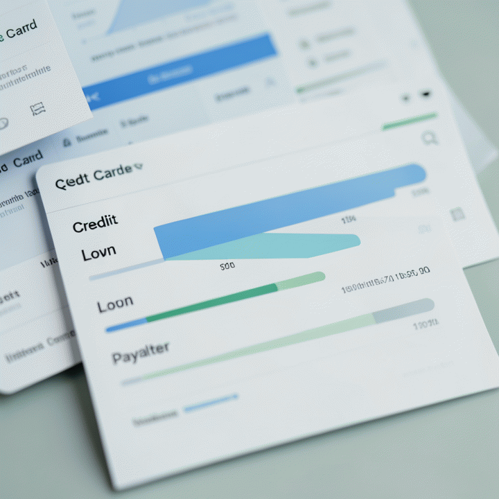 Visualisasi digitalisasi penggabungan berbagai jenis utang (CC, Pinjaman, Paylater) menjadi satu dashboard terpusat yang rapi.