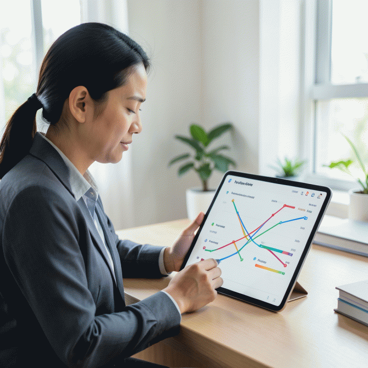 Seorang profesional Indonesia yang terlihat lega dan fokus saat melihat dashboard keuangan modern di tablet yang menunjukkan progres pelunasan utang yang terstruktur dan berhasil.