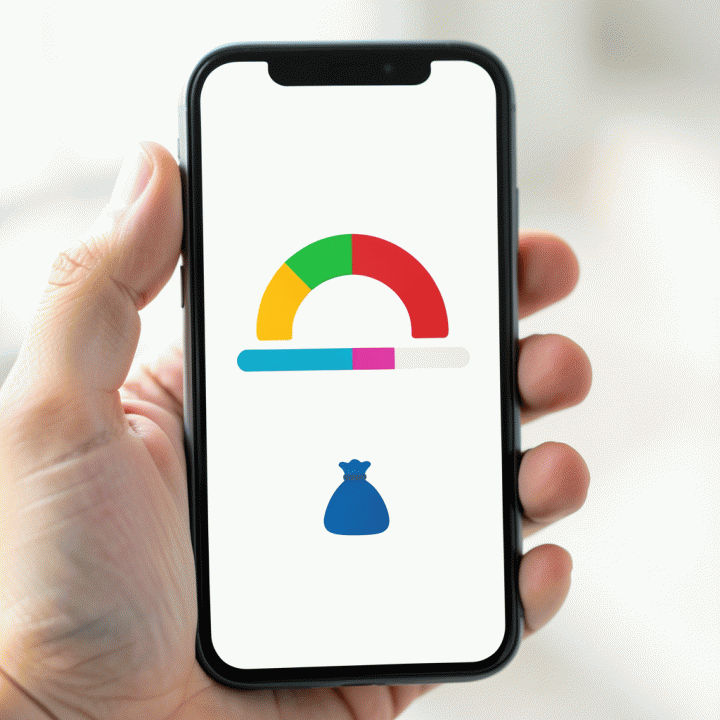 Tampilan dekat layar ponsel yang menampilkan antarmuka aplikasi pembayaran utang abstrak dengan bilah kemajuan dan grafik, tanpa teks terbaca.