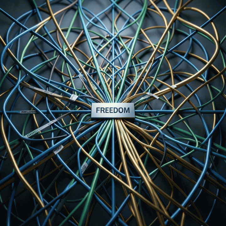 Abstract visualization of managing multiple financial debts converging towards a path of freedom, symbolizing effective debt management strategies.