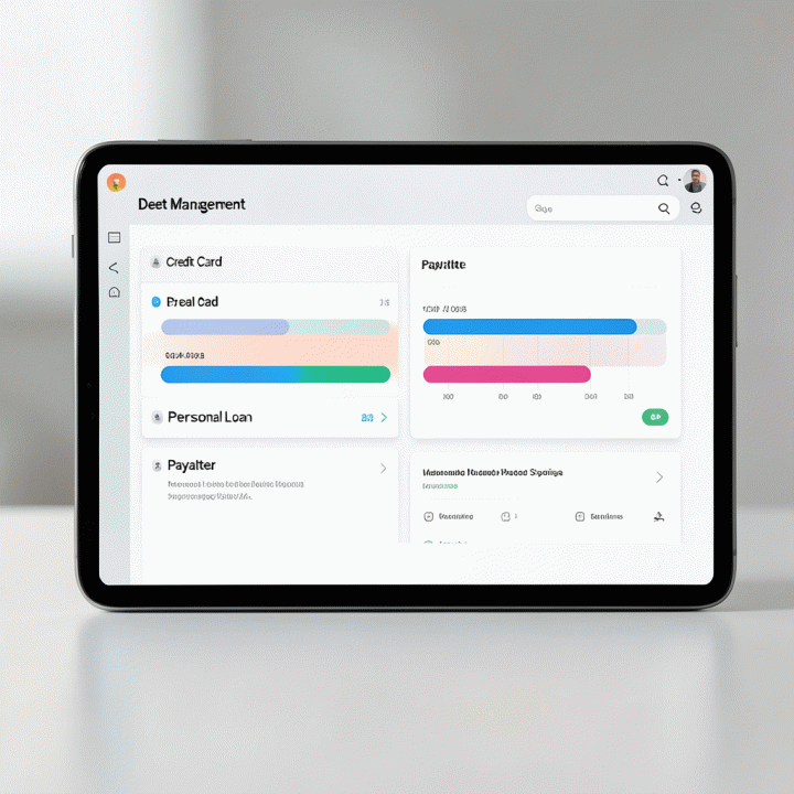 Digital dashboard showing debt management and payoff strategies for credit cards, loans, and paylater in a clear, visual format.