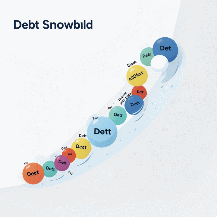 Visualisasi metode Debt Snowball, menunjukkan pelunasan utang secara bertahap dari yang terkecil ke yang terbesar.