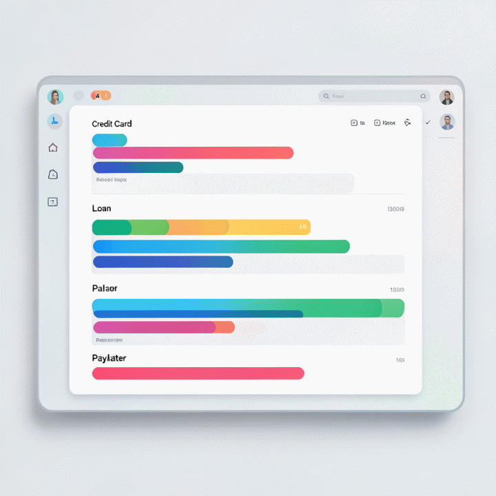 Abstract digital dashboard showing the visual organization and prioritization of various debt types.