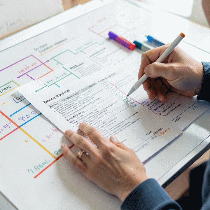 Hands sorting financial statements and creating a clear roadmap for debt management on a whiteboard.