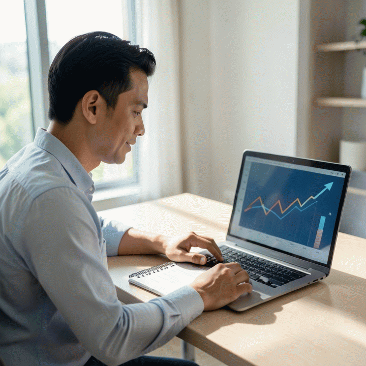 Seorang profesional Indonesia yang fokus merencanakan keuangan di meja kerja modern, melambangkan strategi pelunasan utang dan kebebasan finansial.