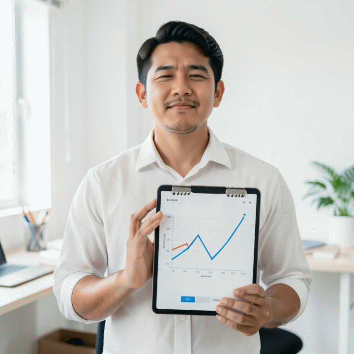 Seorang profesional muda Indonesia yang terlihat lega dan percaya diri, memegang tablet yang menampilkan grafik keuangan yang menurun, melambangkan keberhasilan konsolidasi utang.