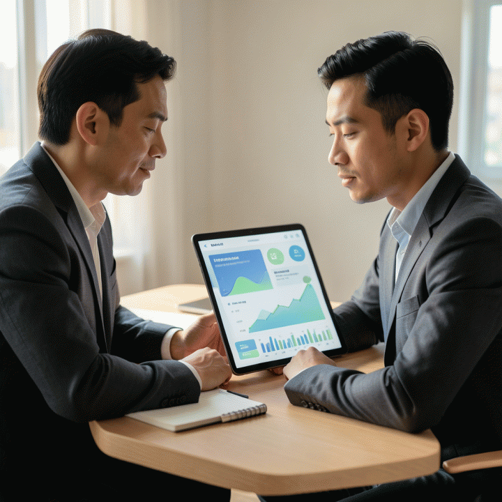 Seorang profesional muda Indonesia yang sedang meninjau dashboard keuangan digital yang terorganisir, menunjukkan perasaan lega dan kontrol dalam mengelola pelunasan utang.