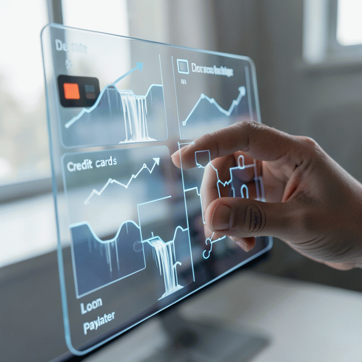 Tangan yang berinteraksi dengan dashboard holografik yang menampilkan visualisasi abstrak pengorganisasian dan pengurangan berbagai jenis utang.
