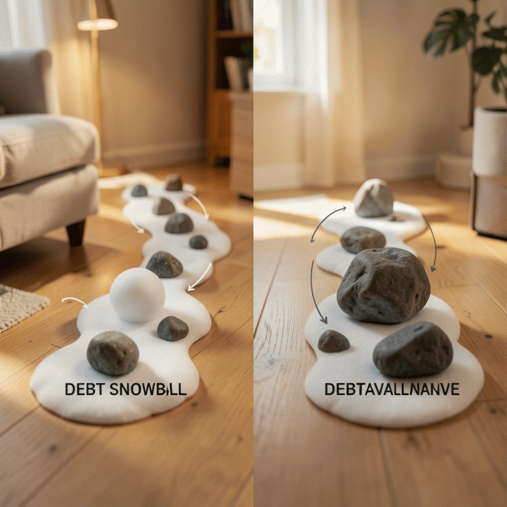 Ilustrasi visual perbandingan strategi pelunasan utang: Debt Snowball dan Debt Avalanche, menunjukkan dua pendekatan berbeda yang terstruktur.
