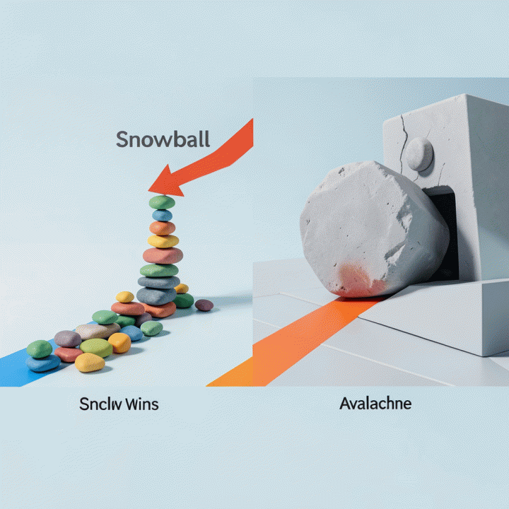 Perbandingan visual antara dua metode pelunasan utang (Snowball dan Avalanche) yang digambarkan secara metaforis dan terstruktur.